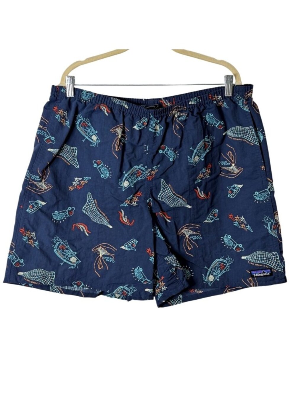 Patagonia Baggies Mens XL Swim Trunks Netplus Shells Navy Blue Ocean Print